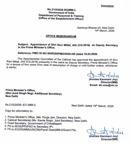 2016 बैच के आईएएस अधिकारी डॉ. रवि मित्तल की पीएमओ में एंट्री, उप सचिव पद पर नियुक्ति