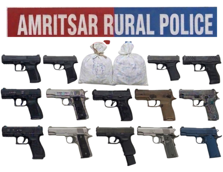 अमृतसर में पुलिस की बड़ी कार्रवाई: 7 आरोपी गिरफ्तार, 14 अत्याधुनिक पिस्तौल और 20 किलो हेरोइन बरामद