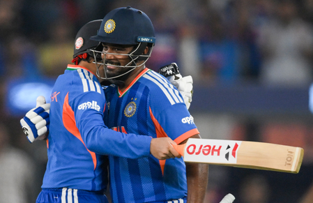 भारत ने बनाया टी20 वर्ल्ड कप नॉकआउट का सबसे बड़ा स्कोर, संजू-अभिषेक की तूफानी पारी