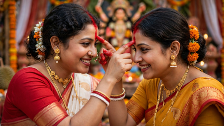 सिंदूर खेला : सुहागिन महिलाओं की खास रस्म, देवी के चेहरे पर पान के पत्ते को स्पर्श कराकर पोंछती हैं आंसू