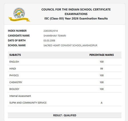 जमशेदपुर: आईएससी बोर्ड में शांभवी तिवारी बनीं टॉपर, रैंक वन के साथ डॉक्टर बनने का सपना