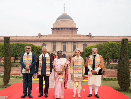 उपराष्ट्रपति सीपी राधाकृष्णन ने ईयू नेताओं के सम्मान में आयोजित स्वागत समारोह में भाग लिया