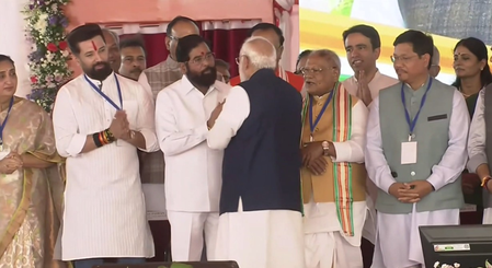 पश्चिम बंगाल: शपथ ग्रहण समारोह में पीएम मोदी ने एकनाथ शिंदे से पूछी कुशलक्षेम, हेलीकॉप्टर की हुई थी आपातलैंडिंग