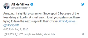 बारिश से प्रभावित लॉर्ड्स टेस्ट पर एबी डिविलियर्स ने किया दिल छू लेने वाला ट्वीट