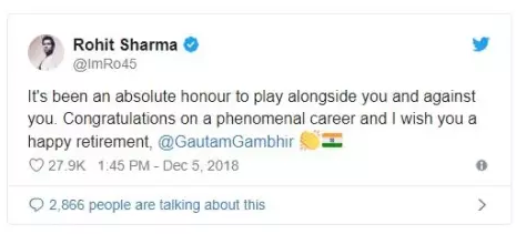 गौतम गंभीर के लिए रोहित शर्मा का दिल से किया ट्वीट सबका दिल जीत रहा है