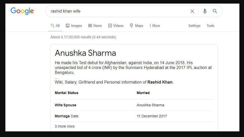 गूगल सर्च दिखा रहा  Anushka Sharma  को Rashid Khan की पत्नि, जानिए क्या है पूरा मामला