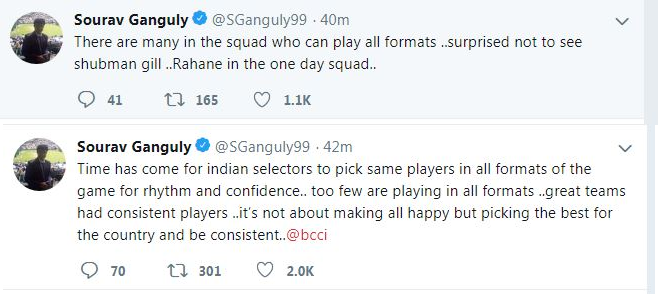 सौरव गांगुली ने उठाए सवाल, इन 2 खिलाड़ियों को वनडे टीम में क्यों नहीं मिला मौका
