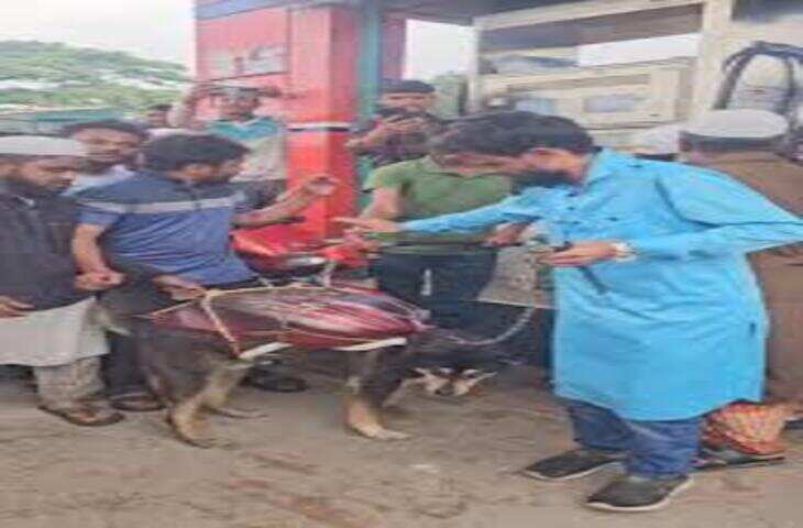 तेल संकट के बीच अनोखा जुगाड़ वायरल, कुत्ते की पीठ पर टंकी रख पेट्रोल भरवाने पहुंचा शख्स, लोग हुए हैरान​​​​​​​