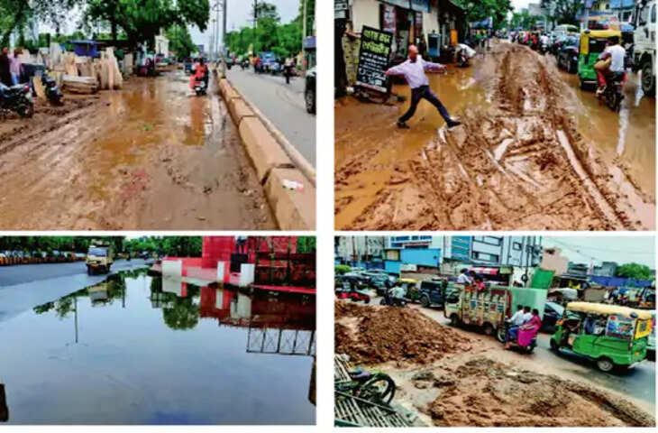 झांसी रोड पर जलभराव और दलदल से हालात बिगड़े: शोल्डर पर डाली मिट्टी बनी मुसीबत, घोसीपुरा स्टेशन की सड़क भी धंसी
