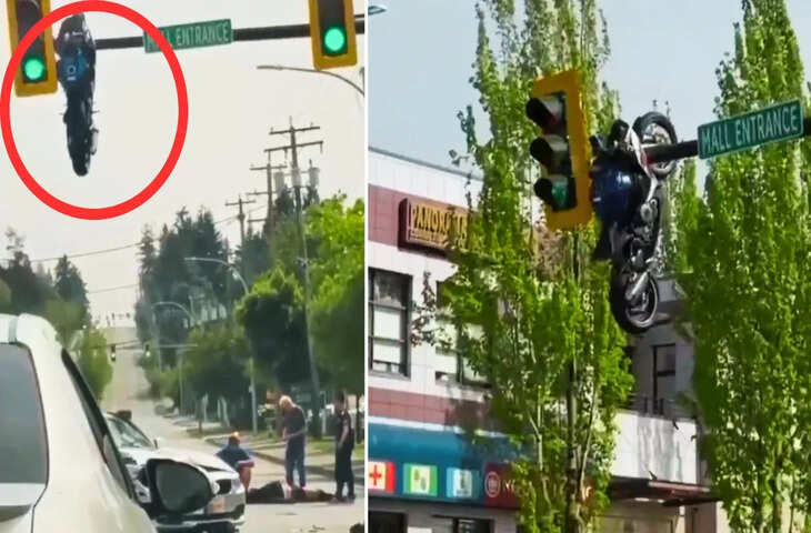 BMW से टकराने के बाद ट्रैफिक सिग्नल पर लटकी बाइक, कनाडा में हुआ अजीबोगरीब सड़क हादसा वायरल