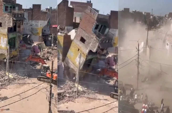 अतिक्रमण हटाने गए पोकलैंड पर ही गिर गया पूरा मकान, आसमान में उठा धूल का गुबार, VIDEO कर देगा हैरान