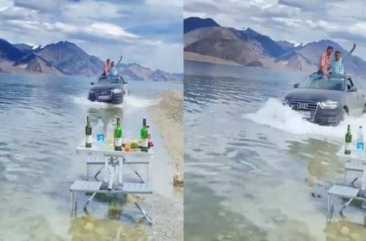 नशे की हालत में कार लेकर पैंगोंग झील में घुस गए युवक, वीडियो में देखें फिर हुआ क्या