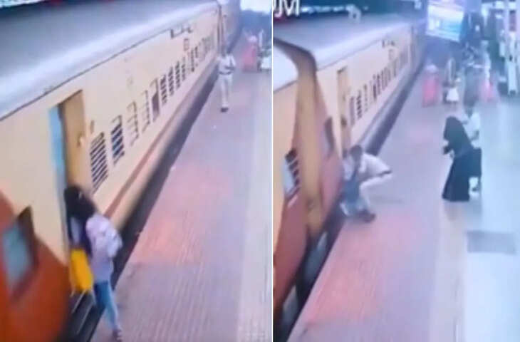 चलती ट्रेन पर चढ़ने के प्रयास में फिसलकर गिरी महिला, तभी दौड़कर आया RPF का जांबाज और सूझबूझ से बचाई जान