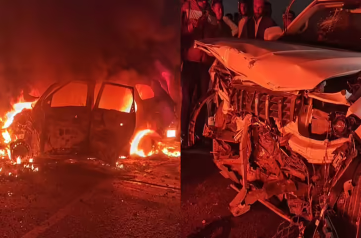 देवधा फ्लाईओवर पर भीषण सड़क हादसा, मारुति कार में लगी आग, लोग बाल-बाल बचे