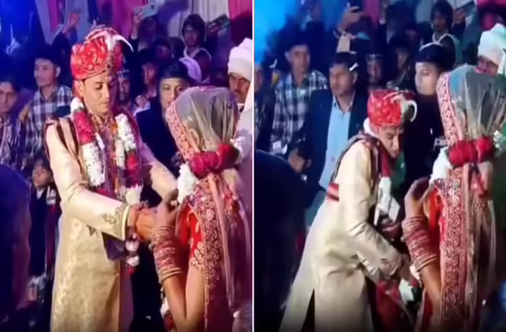 दूल्हन के गले में वरमाला डालते ही एक 'पटाखे' ने निकाल दी 'जमाई जी' की हवा, देखें वीडियो
