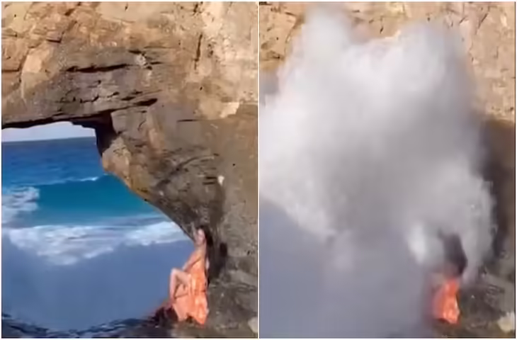 Beach Shoot बना खौफनाक हादसा: पोज दे रही मॉडल को अचानक बहा ले गई तेज लहर, वीडियो देख थम जाएंगी साँसे&nbsp;