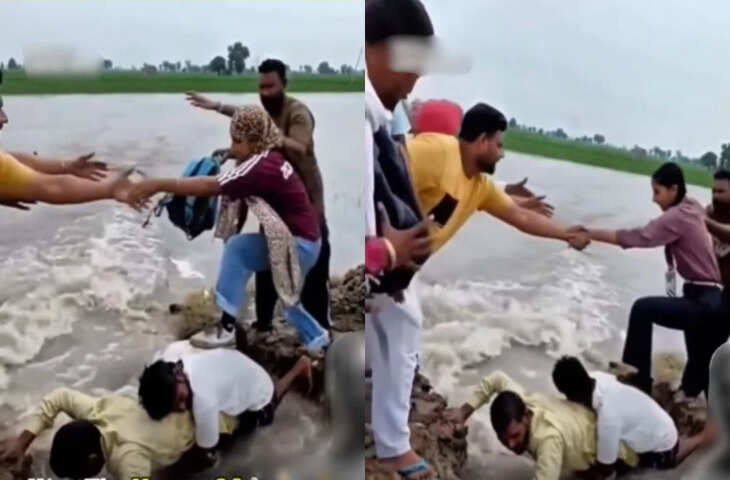 जहां पानी का तेज बहाव बना खतरा, वहां युवकों ने अपनी जान जोखिम में डालकर छात्राओं के लिए बना दिया Human Bridge