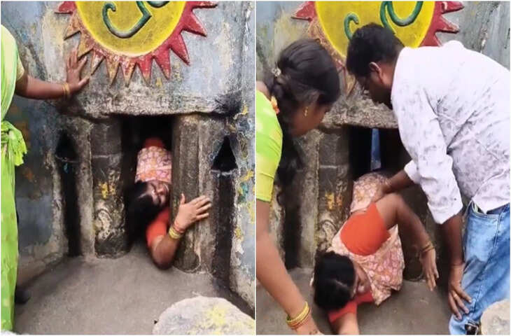 मोक्ष की चाह में बड़ा हादसा! मंदिर की संकरी चट्टान में फंसा श्रद्धालु, वीडियो देखकर कांप जाएंगे आप