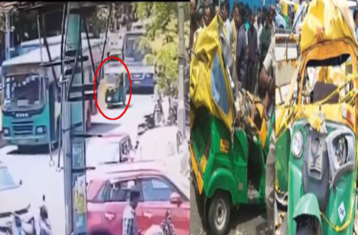 दो बसों के बीच में पिस गया सड़क पर चल रहा ऑटो-रिक्शा, कैमरे में कैद हुआ भयानक हादसा