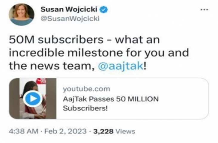 CEO सुसान वोज्सिकी ने आजतक को दुनिया का सबसे ज्यादा सब्सक्राइब किया गया यूट्यूब चैनल बनने पर बधाई दी !
