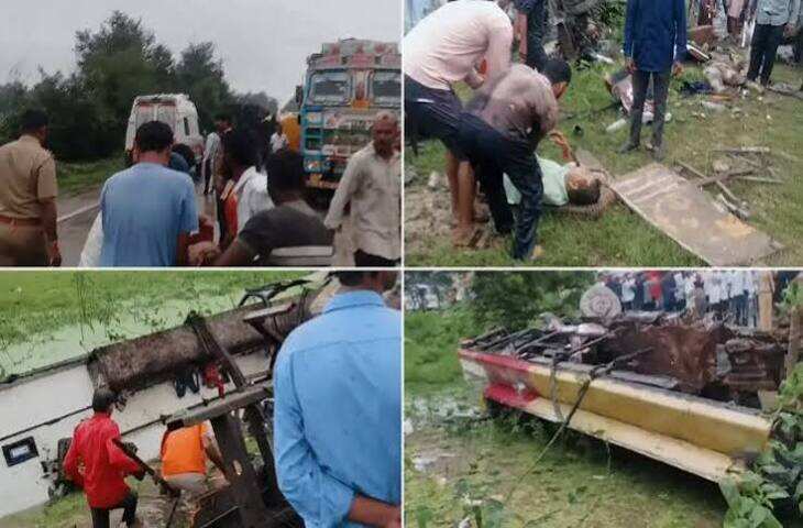 रीवा में बड़ा हादसा, ट्रक ने बस को मारी टक्कर; पानी भरे गड्ढे में पलटी बस, रेस्क्यू ऑपरेशन जारी