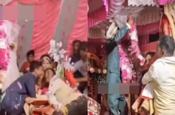 वरमाला में चौंकाने वाला हादसा! स्टेज डोलते ही गड्ढ़े में गिरे दूल्हा-दुल्हन, वीडियो देख नहीं रुकेगी हंसी&nbsp;
