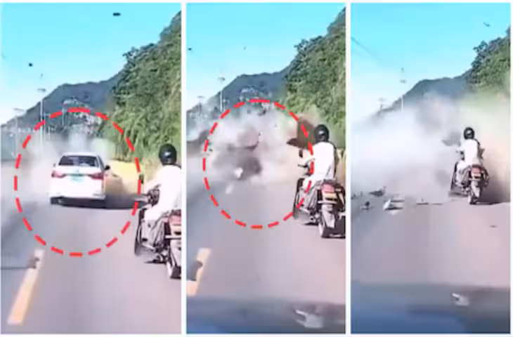 जाको राखे साइयां... पहाड़ से टूटकर कार पर गिरी चट्टान, ठीक आगे चल रहा बाइक सवार सेकंड भर में बचा; VIDEO वायरल