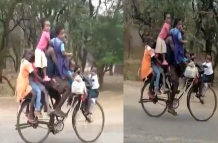शख्स ने साइकिल पर एक साथ बैठाए इतने बच्चे, देखकर चकरा जाएगा दिमाग