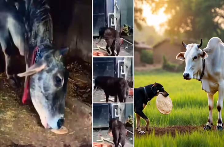 VIRAL VIDEO: जय-वीरू से भी गहरी दोस्ती! कुत्ता मुंह में रोटी दबाकर गाय के लिए ले गया, दिल छू जाएगा ये नजारा
