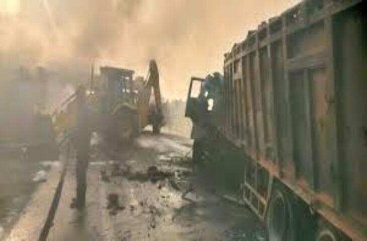 नागौर में टैंकर और ट्रक की भीषण टक्कर, आग की लपटों से अफरा-तफरी