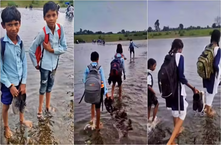 मध्यप्रदेश के हरदा में बच्चों को पढ़ाई के लिए उफनती नदी पार करने को मजबूर होना पड़ता
