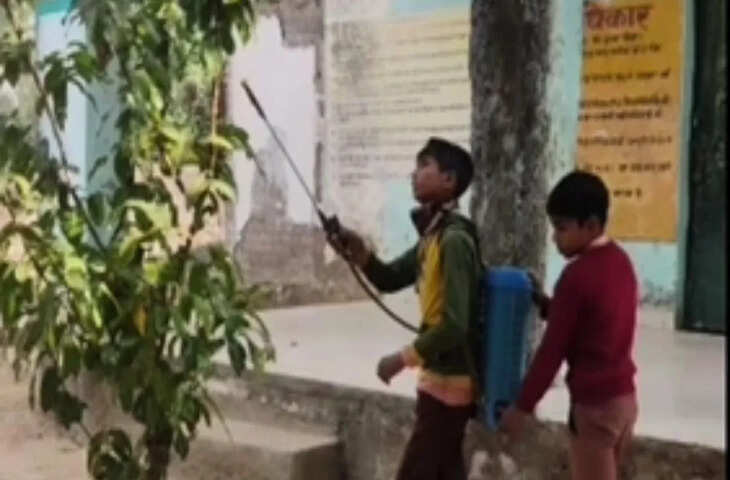 बैग की जगह पीठ पर लादा कीटनाशक दवा का ड्रम, मुरादाबाद में प्राइमरी स्कूल के छात्रों से करवाया ऐसा काम