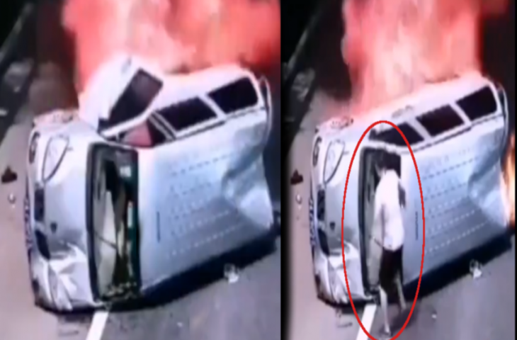 सड़क पर पलटने के बाद वैन में लग गई आग, अंदर फंसे थे लोग, अनजान शख्स ने ऐसे बचाई सबकी जान