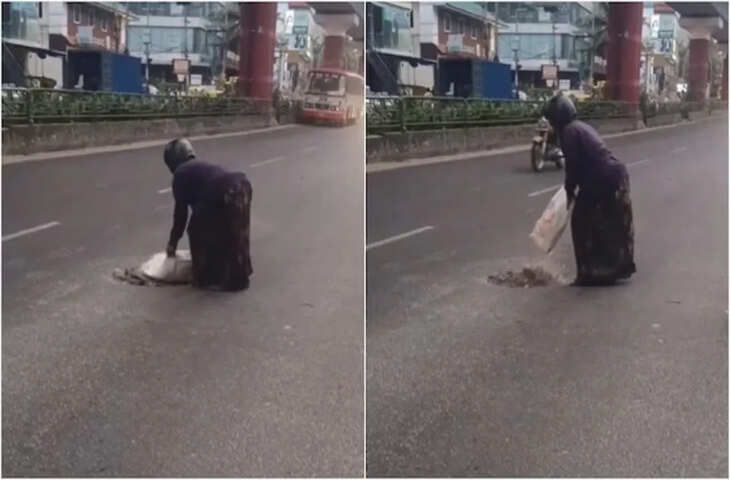 सड़क के गड्ढे से परेशान महिला ने उठाया फावड़ा, खुद की मरम्मत; वायरल VIDEO ने खोली सिस्टम की पोल​​​​​​​