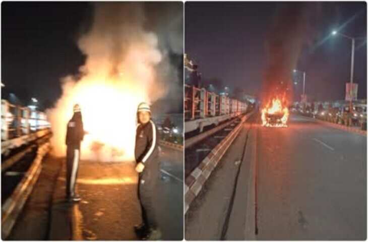 जयपुर के मालवीय नगर के गौरव टावर पुलिया पर चलती कार में लगी आग, बाल-बाल बचे लोग