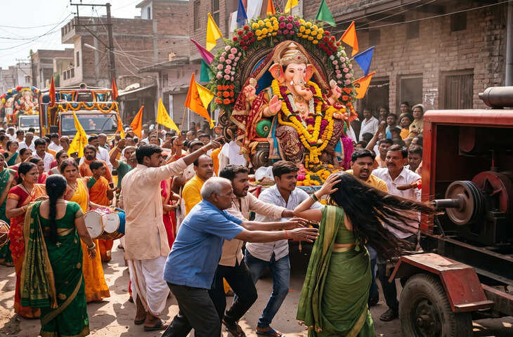 गणेश प्रतिमा विसर्जन यात्रा में दर्दनाक हादसा, महिला के बाल जनरेटर में फंसे; सिर में गंभीर चोट