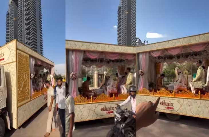 ट्रक में सजा शादी का मंडप, चलती गाड़ी में दूल्हा-दुल्हन ने लिए सात फेरे, अनोखी शादी देखकर लोग हैरान!