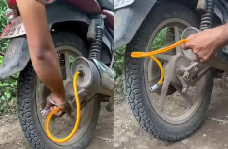 रास्ते में बाइक का टायर हुआ पंचर तो लड़के बैठाया ये जुगाड़, बिना पंप के भर दी हवा