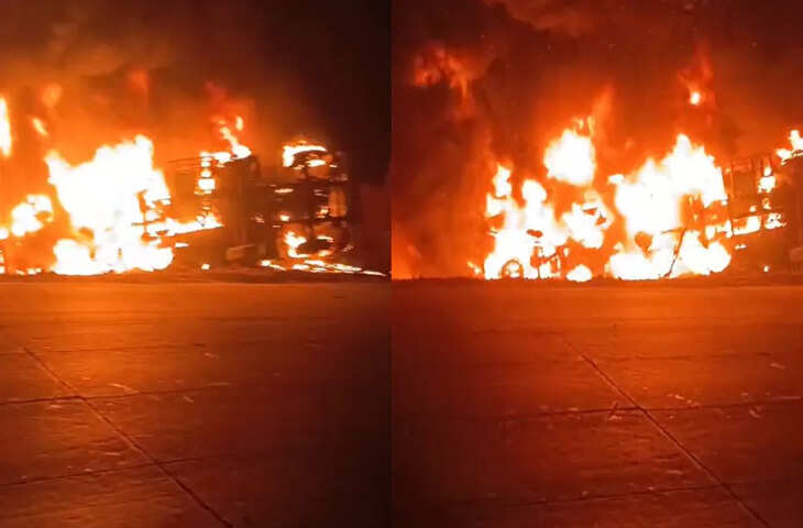 कौशांबी में कच्चे तेल से भरा टैंकर बना आग का गोला, हाईवे पर मची अफरातफरी