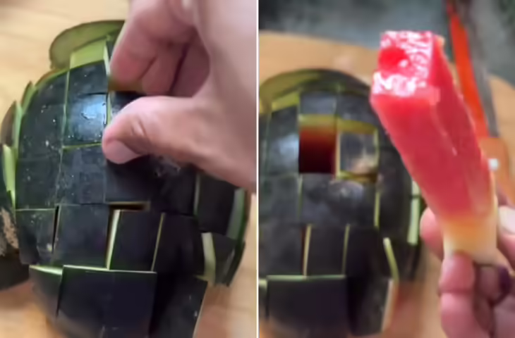 तरबूज काटने का अनोखा तरीका वायरल, ऊपर से काटते ही बदला पूरा शेप!