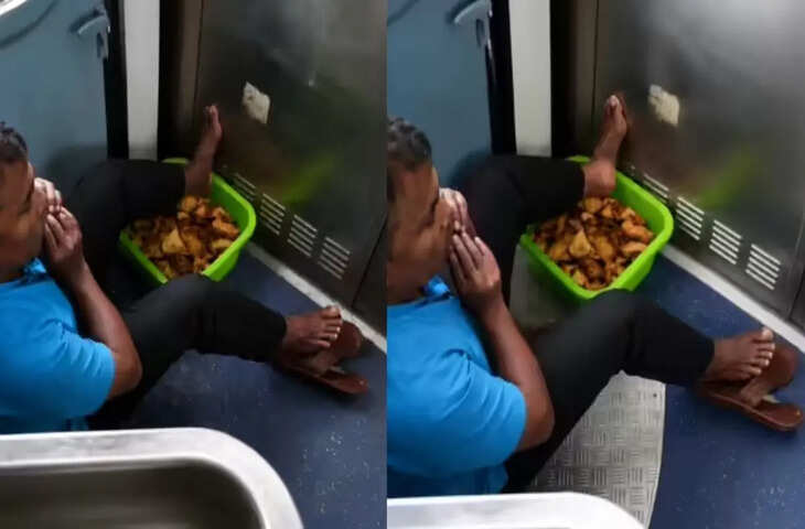 ट्रेन में समोसा बेचने वाले की घिनौनी हरकत, खुले खाने पर रखे पैर, लोगों में गुस्सा