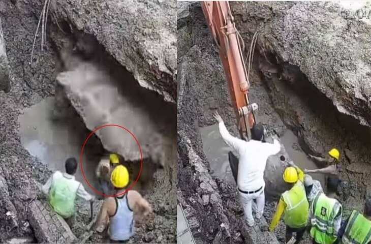 खुदाई के दौरान पल भर में मचा हड़कंप, मिट्टी का चट्टान गिरते ही गड्ढे में दबा मजदूर, VIDEO वायरल