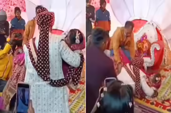 दूल्हे को चुकानी पड़ी&nbsp;ओवर कॉन्फिडेंट की कीमत! दुल्हन को लकर गिरा औंधे मुंह, वीडियो देख नहीं रुकेगी हंसी&nbsp;