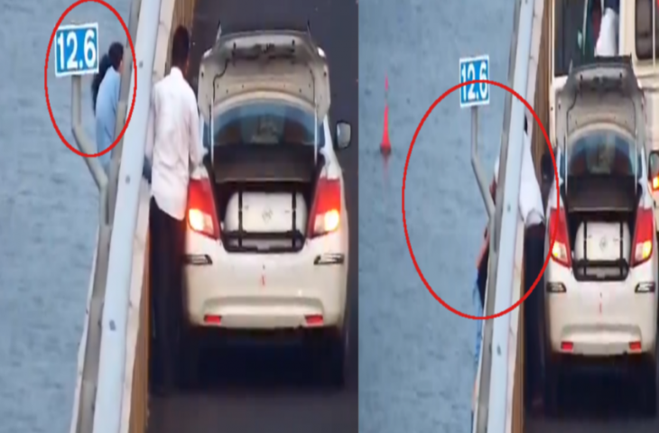 सोशल मीडिया पर कई हैरान कर देने वाले वीडियो देखने को मिलते हैं। कई बार हादसों और दुर्घटनाओं के वीडियो कैमरे में कैद होकर इंटरनेट पर वायरल हो जाते हैं। कई बार लोग ज़िंदगी की मुश्किलों से तंग आकर गलत कदम उठाकर आत्महत्या कर लेते हैं। हालाँकि, ऐसे कदम उचित नहीं होते। ऐसी घटनाएँ अक्सर कैमरे में कैद हो जाती हैं। ऐसा ही एक वीडियो सोशल मीडिया पर वायरल हो रहा है। इस वीडियो में एक महिला आत्महत्या करने वाली थी, लेकिन एक टैक्सी ड्राइवर और दो ट्रैफ़िक पुलिसवालों ने फ़रिश्तों की तरह काम करते हुए उसकी जान बचा ली। इस घटना का वीडियो सोशल मीडिया पर वायरल हो रहा है।  महिला आत्महत्या करने वाली थी!  सोशल मीडिया अकाउंट @pulse_pune पर X हैंडल से एक वीडियो शेयर किया गया है। इस वीडियो में एक महिला समुद्र में कूदकर आत्महत्या करने वाली थी। लेकिन तभी एक कैब ड्राइवर ने फ़रिश्तों की तरह काम किया और उसे आत्महत्या करने से रोककर उसकी जान बचा ली। महिला समुद्र में कूदने वाली थी, लेकिन एक कैब ड्राइवर ने उसे तुरंत पकड़ लिया।  महिला की जान कैसे बची: वायरल वीडियो मुंबई के अटल सेतु ब्रिज का बताया जा रहा है। वीडियो में, पुल की रेलिंग के दूसरी तरफ एक महिला दिखाई दे रही है। सड़क पर एक टैक्सी खड़ी है और उसका ड्राइवर पास में ही खड़ा है। अचानक, महिला समुद्र में कूदने की कोशिश करती है, लेकिन टैक्सी ड्राइवर उसे तुरंत पकड़ लेता है।  Loading tweet...   एक ट्रैफिक पुलिस की गाड़ी आती है:  उसी समय, दो पुलिस अधिकारी तुरंत गाड़ी से उतरते हैं, दौड़कर महिला को पकड़ लेते हैं और टैक्सी ड्राइवर की मदद से उसे बाहर निकालते हैं। काफी मशक्कत के बाद, ट्रैफिक पुलिस अधिकारी और टैक्सी ड्राइवर महिला को रेलिंग के पार सड़क पर वापस लाते हैं। सोशल मीडिया पर वीडियो वायरल होने के बाद, लोग टैक्सी ड्राइवर और पुलिस अधिकारियों की तारीफ कर रहे हैं।