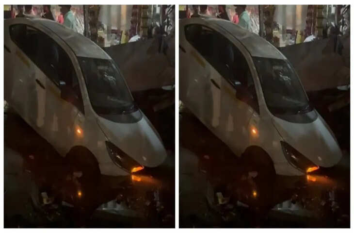 कार फिसलकर नाले में गिरी, ड्राइवर की हुई बाल-बाल जान बची