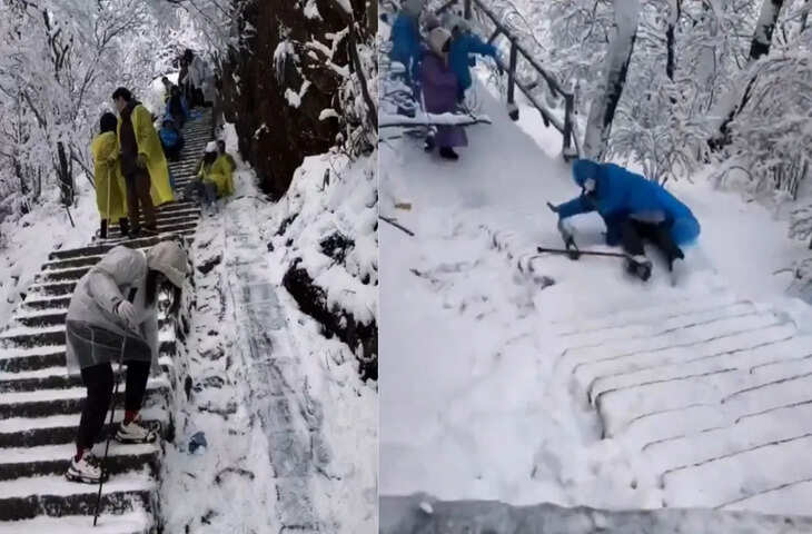 बर्फ में मस्ती के चक्कर में हुआ हादसा, सीढ़ियों से फिसल कर बुरी तरह गिरी लड़की, चौंका देगा ये वीडियो