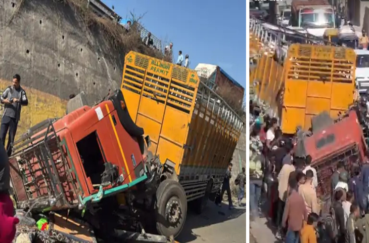 जयपुर-अजमेर एक्सप्रेस हाईवे पर बड़ा हादसा, वीडियो में देखें बेकाबू ट्रक 20 फीट नीचे गिरा, ड्राइवर-खलासी घायल