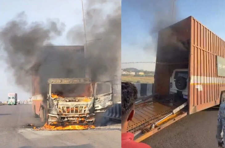 नेशनल हाईवे-48 पर चलते कंटेनर के केबिन में लगी आग, फ्लाईओवर पर मची अफरा-तफरी