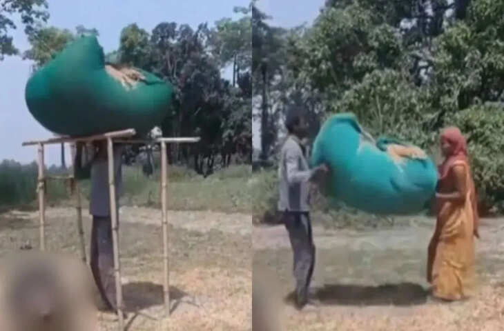 गांव के दो लोगों का देसी जुगाड़, भूसे की भारी गठरियां उठाने का अनोखा तरीका चर्चा में