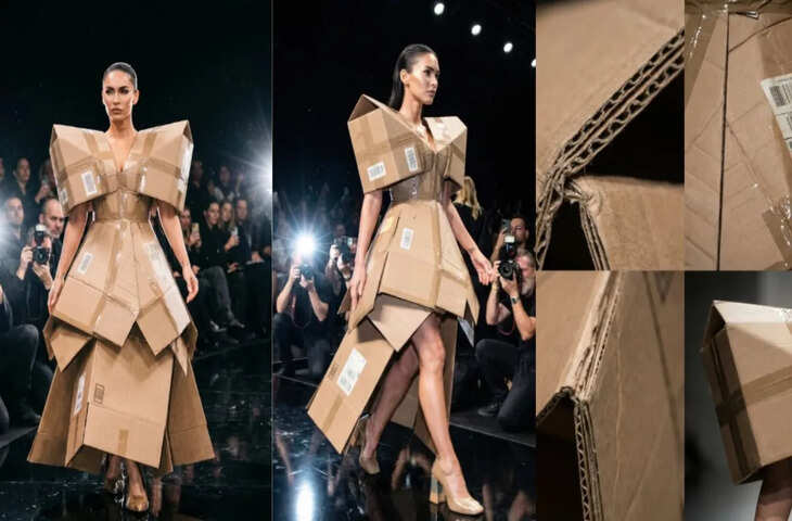 कार्डबॉक्स से बनी अनोखी ड्रेस का वीडियो वायरल, मॉडल का क्रिएटिव लुक देखकर लोग रह गए हैरान